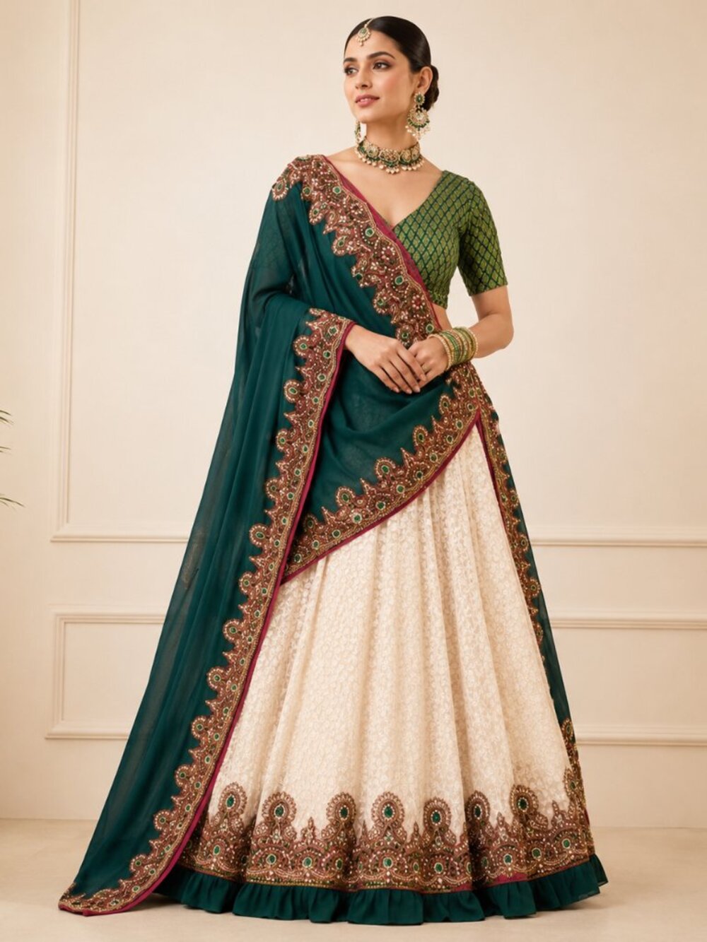 Authentic Sabyasachi White & Emerald Green Bridal Lehenga Set